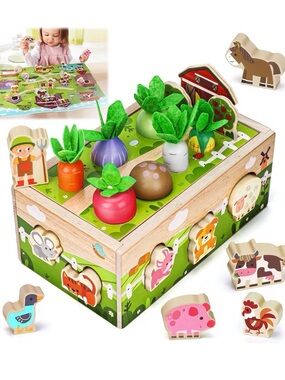 Wooden Farm Sorting & Pull-Out Veggie Toy Box - Colorful Kids Activity